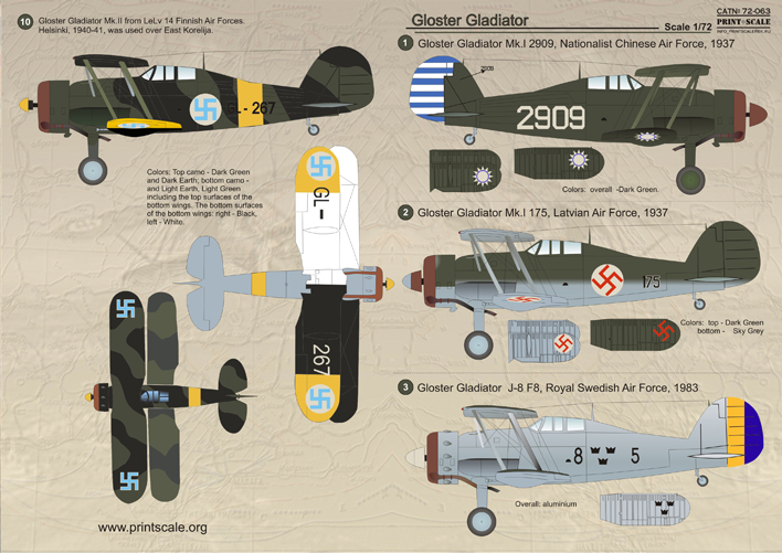 Details about   Print Scale Decals 1/72 GLOSTER GLADIATOR Fighter In International Service